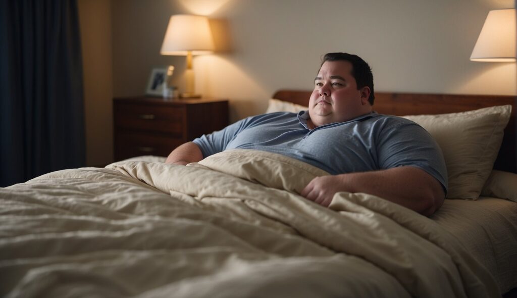 An overweight person laying in bed with a mattress that is rated for heavy people
